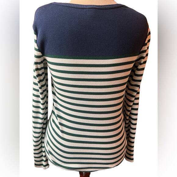 J. Crew Green/White/Navy Long Sleeve Striped Ribbed Top/Sweater - Medium - Picture 2 of 13